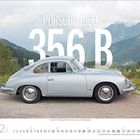 "Porsche 1960", "356 B", Monatskalenderblatt mit einem silbernen Oldtimer vor einer Berglandschaft.