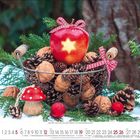 Dezember 2022: Ein rotkariertes Band um ein glänzendes rotes Apfel mit Sternausschnitt auf einem Korb mit Nüssen, Tannenzweigen.