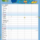 Dezember 2027 Kalender mit Elefant und Hase schmücken Weihnachtsbaum. Oben dekorativer Baum mit Geschenken und Sternen.