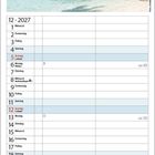 "LEBENSFREUDE: Freude ist eine gesunde Kost." Dezember 2027 Kalender, tropisches Motiv, rote Weihnachtssocken an Palme.