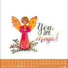 "You are magic!" in verspielter Schrift. Aquarellengel mit orange-rosa Gewand und Flügeln, stehend auf grünen Zweigen.
