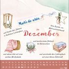 "Mach’s dir schön im Dezember" mit Anregungen wie Lichtdekoration, Hörbuch hören, und Winterdecke. Kalender im unteren Bereich.