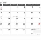 Kalender für Dezember 2027 mit Feiertagen wie Nikolaus am 6. und Weihnachten am 25. und 26. Wochentage und -nummern sind angegeben.