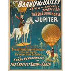 Barnum & Bailey präsentieren "The Balloon Horse Jupiter" mit pyrotechnischer Show. Illustration von Pferden unter Ballons.