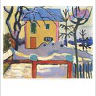 Dezember: Kalenderblatt mit Gemälde eines schneebedeckten Hauses, umgeben von Bäumen. Kalenderdaten unten.