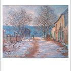 Claude Monet: Schnee in Louveciennes. Dezemberkalender mit schneebedeckter Landschaft und Gebäuden an einer Straße.