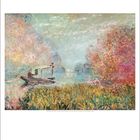 Gemälde von Claude Monet: Ein Boot auf einem Fluss, umgeben von bunten Bäumen. Darunter Kalender für Dezember.