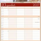 Dezember 2027 Kalender, viele Felder. Oben Kätzchen und Schneemann in verschneiter Landschaft.