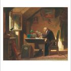 12. Ein älterer Mann sitzt in einem Dachzimmer an einem Tisch und liest, umgeben von warmem Licht und Buchstapeln.