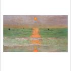 Es ist der Monat Dezember. Gemälde: Sonnenuntergang mit reflektierendem Licht auf dem Meer und kleinen schwarzen Booten.