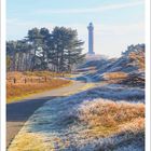 12 | 2027. Dünenlandschaft mit Leuchtturm und Bäumen unter blauem Himmel. Ein Weg führt durch frostige Vegetation.
