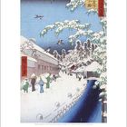 Schriftzeichen am Himmel, Menschen mit Hüten im Schnee, Vögel fliegen, Fluss; traditionell japanische Illustration.