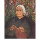 Zahl "12" unten links. Illustration: Ältere Frau strickt, umgeben von Kakteen und Blüten, ernster Ausdruck.