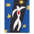 Kalenderzahl "12". Abstrakte Figur auf schwarzem Grund, umgeben von gelben Sternen auf blauem Hintergrund.