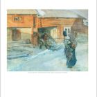 Carl Larsson (1853-1919) Winterlicher Bauernhof in Binzbo. Eine Schneeszene mit Figuren, einem Pferd und einem Holzhaus.