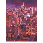 Unten Zahlenreihe 1-31 und daneben ein Stadtbild mit leuchtenden, pinken und violetten Farben, Wolkenkratzer im Hintergrund.