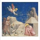 Dezember. Ein Engel fliegt über Hirten und Schafe, ein schlummernder Heiliger in rosa Gewand rechts.