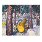 Kalenderseite 12: Gemälde eines verschneiten Waldes mit gefälltem Baumstamm in der Mitte.