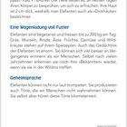 Elefantenrüssel fassen fast 9 l Wasser. Elefanten essen bis zu 200 kg am Tag. Sie haben ein gutes Gedächtnis und eigene Töne.