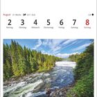 Augustkalender, Woche 31, mit Foto der Dawson Falls im Wells Gray Provincial Park, umgeben von dichtem Wald.