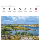 Kalenderseite vom August, Woche 31, mit Foto einer felsigen Küstenlandschaft in Trøndelag, Norwegen.