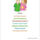 Lösung: Antilope Kondor, Giraffe Albatros, Schimpanse Leopard. Illustration von einem Jungen und einem Mädchen.