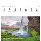 Kalenderseite mit Datum 2. bis 8. August, Zitat: "Treib den Fluss nicht an, lass ihn strömen." Laotse. Foto von Wasserfall.