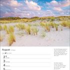 August: 31. Woche. Zitat von Blaise Pascal über die Natur. Dünenlandschaft mit grünem Gras und strahlend blauem Himmel.