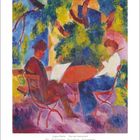 Zitat von August Macke über Farbe. Gemälde eines Paares an einem Gartentisch, farbenfroh und lebendig. Kalender unten.