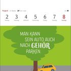 Kalender: 2.-8. August. Text: "Man kann sein Auto auch nach Gehör parken." Illustration: Auto gegen Baum.
