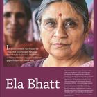 Text: "Ich glaube wirklich, dass Frauen die tatsächlich zuverlässigen Führungskräfte... Ela Bhatt. September." Porträt einer älteren Frau.