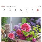 Kalender: Augustwoche 31, Montag 2. bis Sonntag 8. August. Darunter Rosen und Flieder auf Holztablett.
