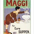 Werbetext: "Nehmet MAGGI für Eure SUPPEN." Illustration mit Kind, das in eine Suppenschüssel schaut. Kalenderdaten unten.