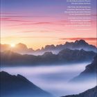 Gedicht: Schöne Fremde von Joseph von Eichendorff. Landschaft: Sonnenaufgang über nebelverhangenen Bergen. Kalender: Aprilwoche 16.