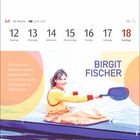 Kalenderseite mit den Tagen 12 bis 18 Juli. Zitat: "Ich hätte nie Ruderin werden können...". Illustration: Frau im Kajak.