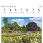 Kalenderseite für August, Woche 31; zeigt Montag, 2. bis Sonntag, 8. Ein Garten mit vielen Blumen und Bäumen.