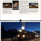 Text: "Dampfloknacht." Beschreibung: Nachtaufnahme einer Dampflok im Dampf, ein Fotograf auf dem Gleis, Kalender im unteren Bereich.