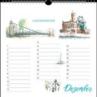 "Langenargen", "Dezember". Kalenderblatt; Illustrationen: Brücke, historisches Gebäude, Segelboot, lilafarbene Blumen.