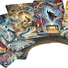 Verschiedene Tarotkarten: Der Narr, Der Magier, Der Hiero, Die Hohepriesterin, Die Kraft. Bunte, kosmische Illustrationen.