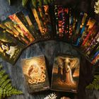 Text: "Bei & Löwe", "Earth Guardians", "Kim Kassandra Schmid". Karten mit mystischen Illustrationen, Blumen und Natur.