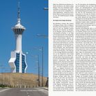 "Fernsehturm, Architektur: Polimeks, 2008–2011." Links ein moderner Fernsehturm auf einem Hügel, mit klarem blauen Himmel. Rechts Text über wirtschaftliche und kulturelle Beziehungen.