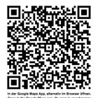Text: "In der Google Maps App, alternativ im Browser öffnen. Open in the Google Maps app. Or open in your browser." Ein QR-Code.