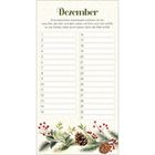 Text: "Dezember" und ein besinnlicher Adventswunsch. Gestaltung: Kalender mit Tannenzapfen und Beeren.