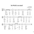 "Im Wald is so staad" steht oben. Notenlinien mit Text: "Im Wald is so staad..." Darunter Musiktitel mit Noten und Text.