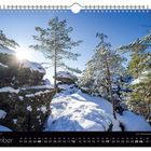 Kalenderseite: Dezember, Datum 01-31. Winterlandschaft mit verschneiten Bäumen und Felsen, Sonnenlicht im Hintergrund.