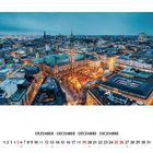 DEZEMBER · DECEMBER · DÉCEMBRE · DICIEMBRE auf weißem Hintergrund, darunter Kalendertage. Oben Stadtansicht mit Weihnachtsmarkt.