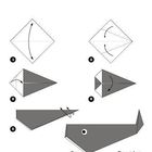 "Der Wal" unten rechts. 
Origami-Anleitung in sechs Schritten für einen Wal, bestehend aus Faltdiagrammen.