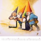 Text: "Dezember". Illustration mit fröhlichen Zwergen, die singen, mit bunten Mützen und einem Buch in der Mitte.