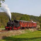 088 686-5 auf schwarzer Dampflokomotive mit Güterwaggons, fährt durch grüne Landschaft mit Bäumen und blühender Wiese.