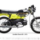 Dekoratives Moped seitlich, gelb-schwarz, Schriftzüge „KREIDLER“ und „Florett“, darunter Kalender Dezember.